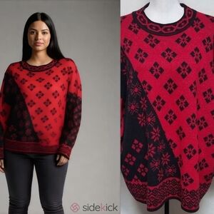 80s Vintage Trimmings Red Black Floral Colorblock Metallic Fair Isle Sweater 22W